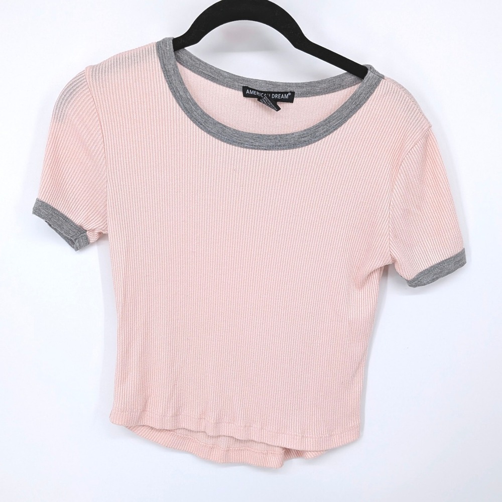 Y2K Ringer Tee Women Medium Pink Grey Ribbed Knit Short Sleeve Crop Top 90s